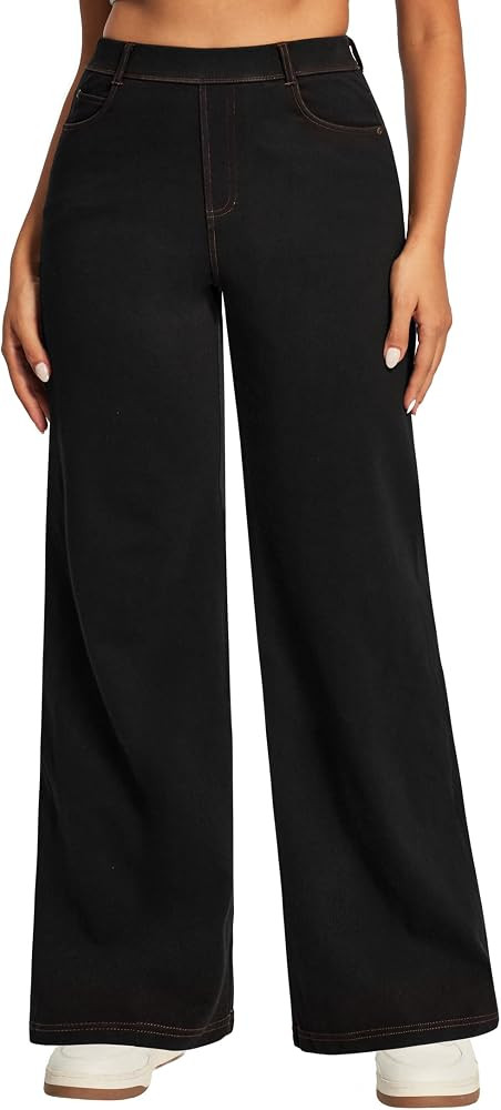 Wide Leg Jeans for Women Stretchy Pull On Sweatpant Jeans Women Casual | Amazon (US)