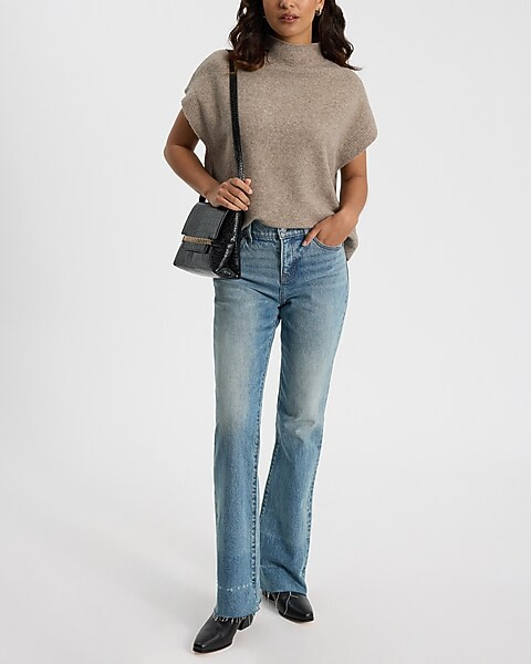 Mid Rise Light Wash Raw Hem Bootcut Jeans | Express