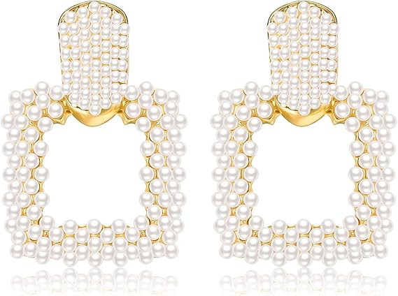 Pearl Drop Earrings for Women, Boho Faux Pearl Earrings Gold Dangle Stud Earrings Geometric Earri... | Amazon (US)