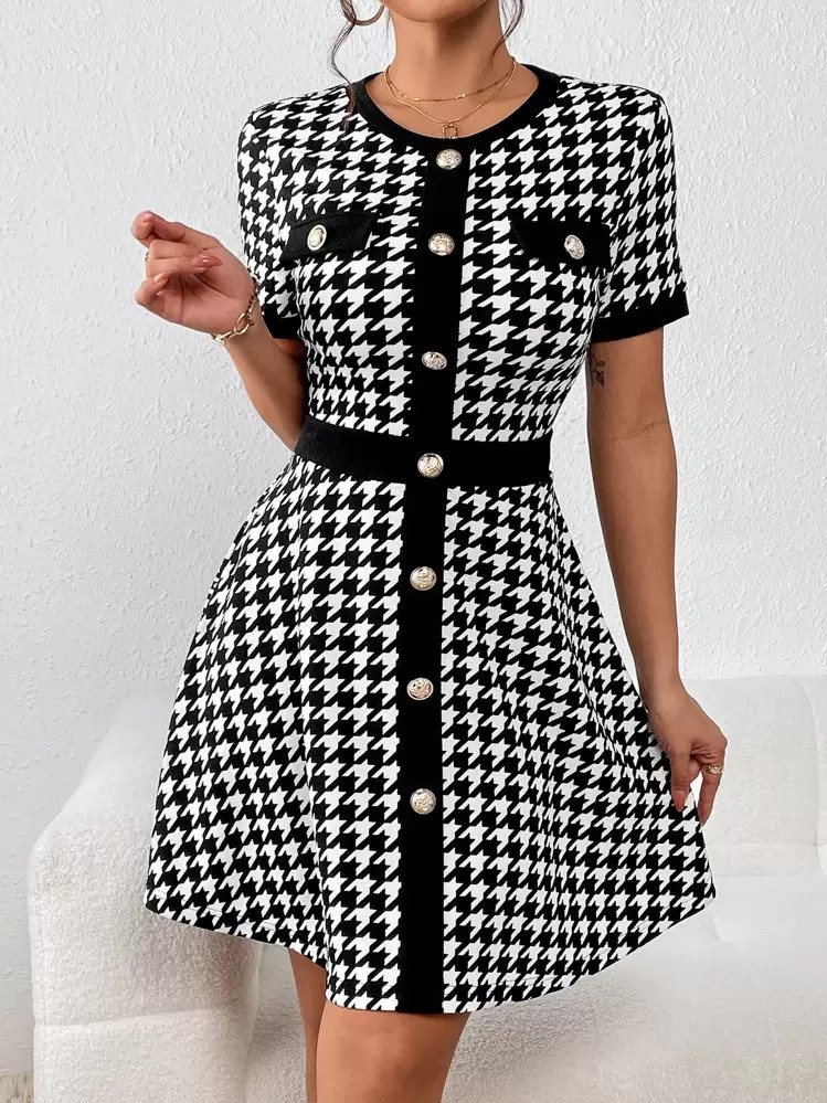 SHEIN Privé Houndstooth Print Button Front Dress | SHEIN