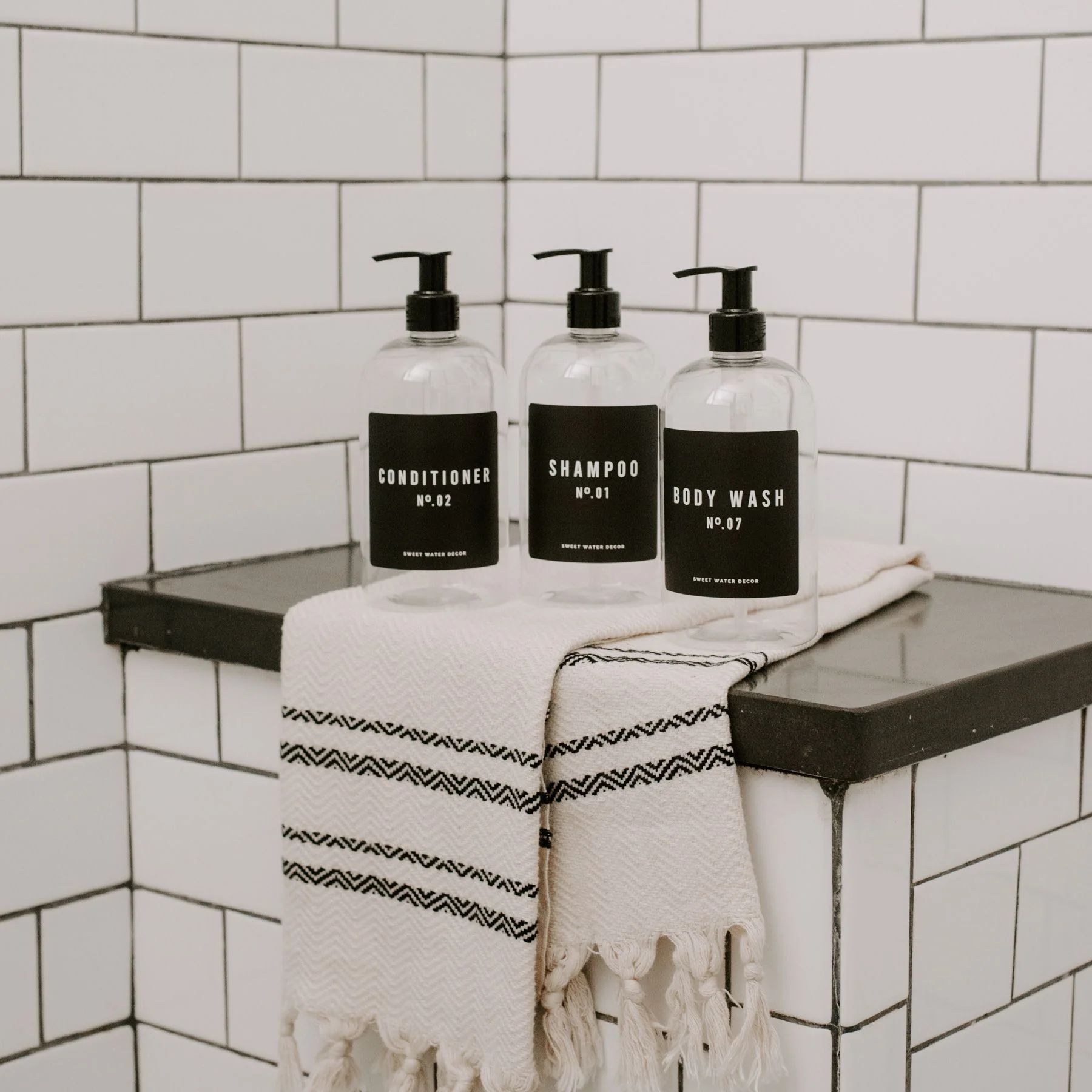 16oz Clear Plastic Bath + Shower Dispenser Set of 3 - Black Label | Sweet Water Decor, LLC