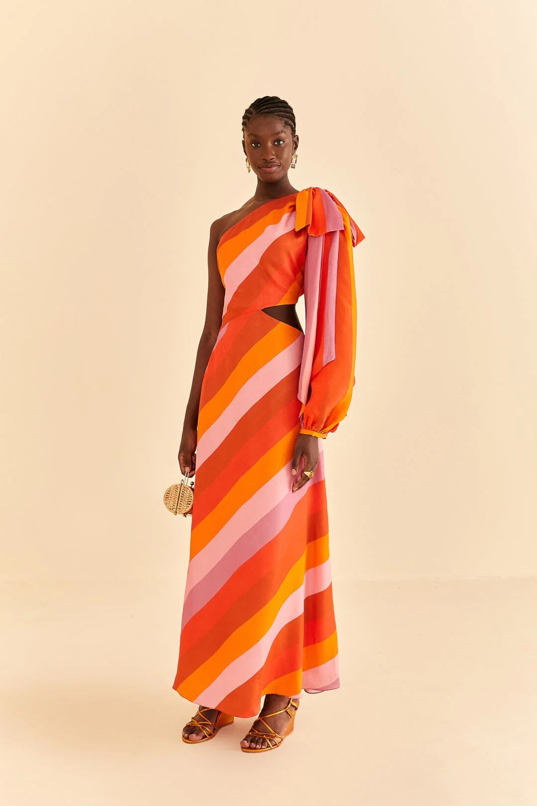 party stripes multicolor one shoulder maxi dress | FarmRio