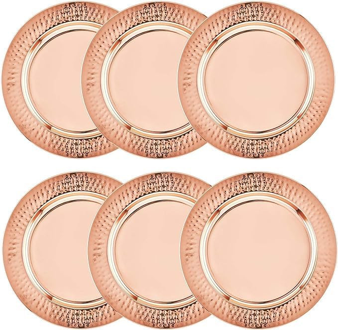 Bonito Home Copper Charger Plates - 6 Pack - 13 inch Round Rose Gold Charger Plates with Hammered... | Amazon (US)