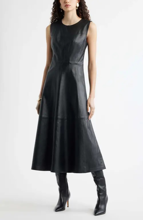 Nordstrom Seamed Leather Midi Dress in Black at Nordstrom, Size Large | Nordstrom