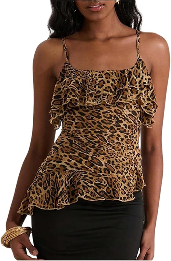 Verdusa Women's Y2K Leopard Tiered Layered Camisole Tops Asymmetrical Semi Sheer Date Night Tops | Amazon (US)