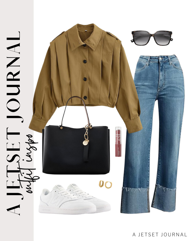 Apply an e.l.f. Hydrating core lip shine when you wear the next outfit. The button-down pleated jacket pairs well with KUNMI light-wash denim pants and New Balance sneakers. Accessorize with these trendy SOJOS sunnies to finish the fit. 

 #LTKSeasonal #LTKSaleAlert #LTKTravel