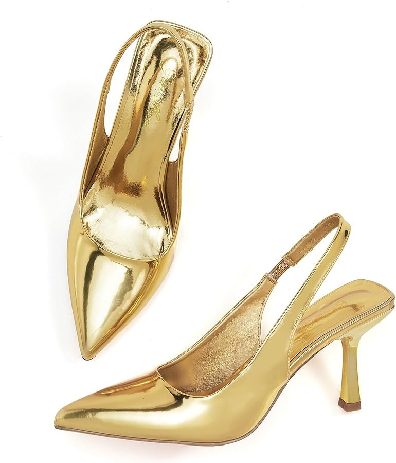 GENSHUO Women's Slingback Kitten Heel Pointed Closed Toe Stiletto Pumps Slip on Elastic Strap Wed... | Amazon (US)