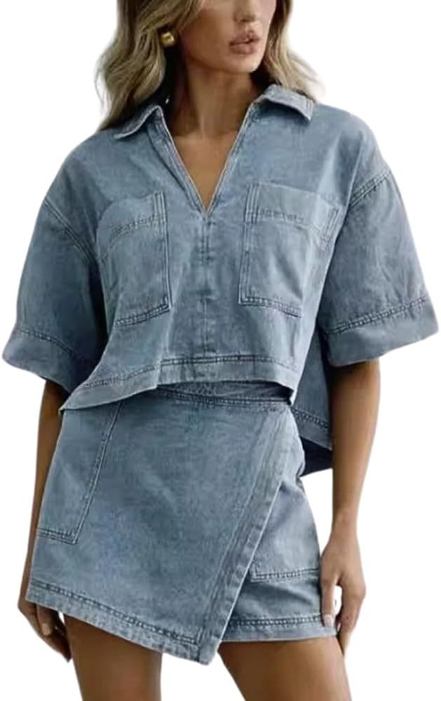 Women's Denim 2 Piece Outfits Collared Crop V Neck Y2k Top Casual Jumpsuit Skirt Shorts Set with ... | Amazon (US)