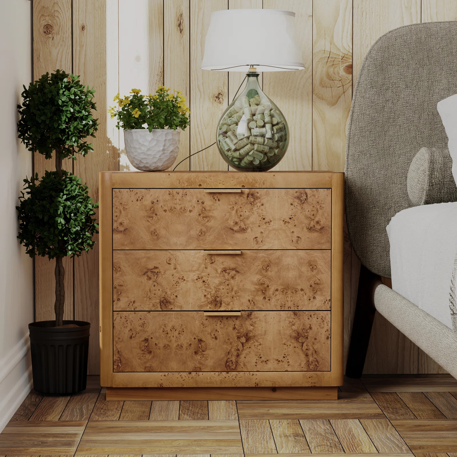 Manish Fully Assembled Rustic Farmhouseburl Finish 3 Drawer Nightstand Dresser | Wayfair North America