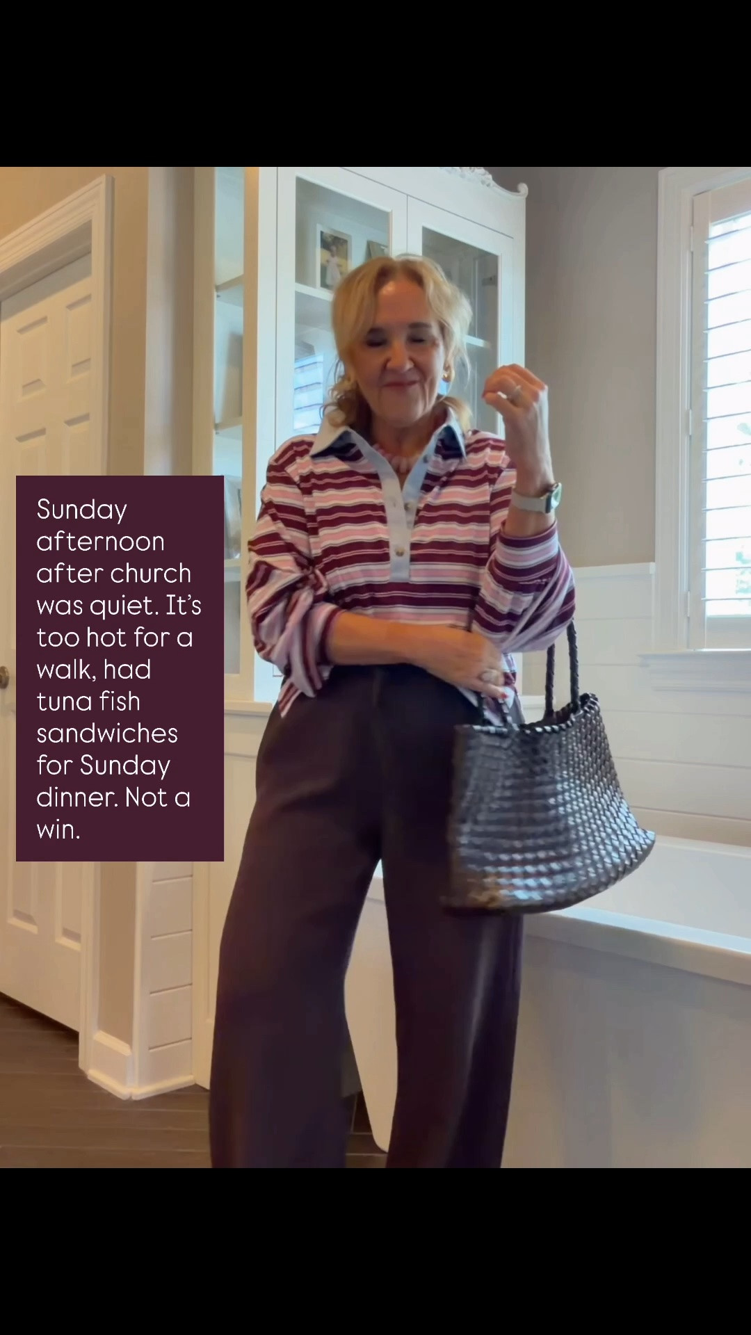 Aritzia pants styled carried for Sunday afternoon. Size med reg and I have them hemmed. 
Striped polo lightweight and oversized medium

#LTKOver40 #LTKootd #LTKPetite