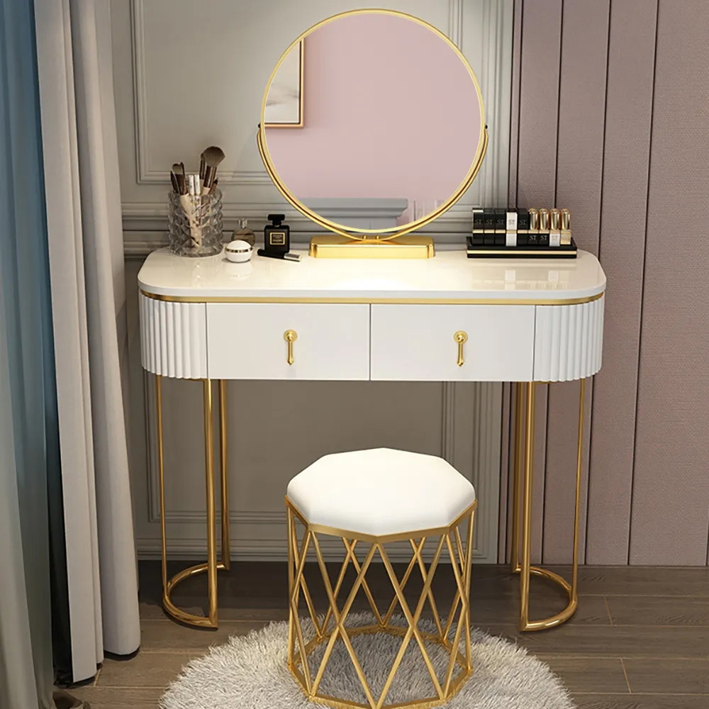 Nordic White Oval Glossy Makeup Vanity with 2 Drawers & Rotatable Mirror & Stool | Homary.com