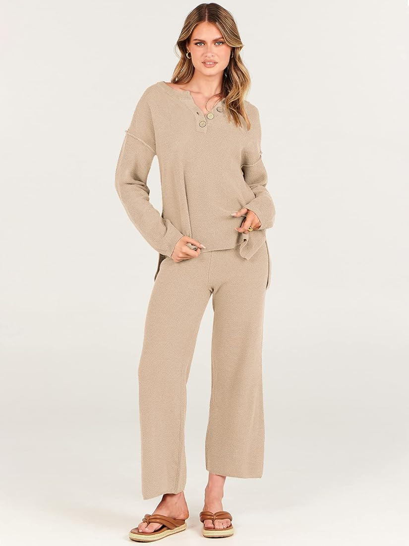 Women 2 Piece Outfits Oversized Knit Loungewear Loose Slouchy Sweater Set 2023 Fall Trendy Matching  | Amazon (US)