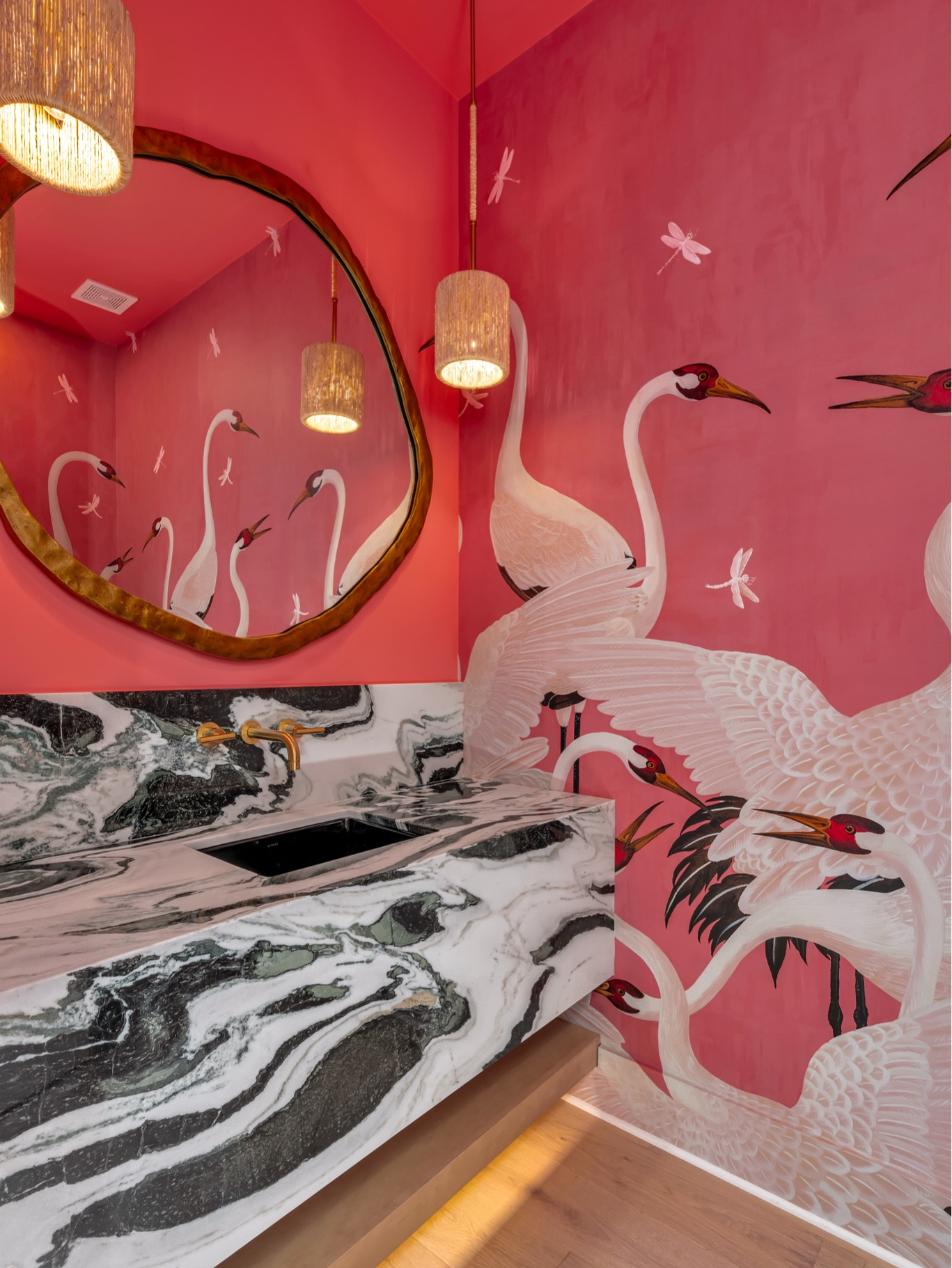 Statement powder room details 🩷✨🦢 One of my favourite rooms of our house for sure! The marble, the brass hardware, the WALLPAPER 🤌🏼 

#LTKHome #LTKStyleTip