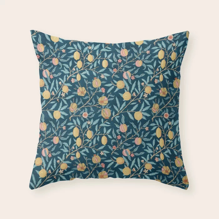 William Morris Vintage Pomegranate Fruit Blue Indigo Slate Pattern Throw Pillow | Society6