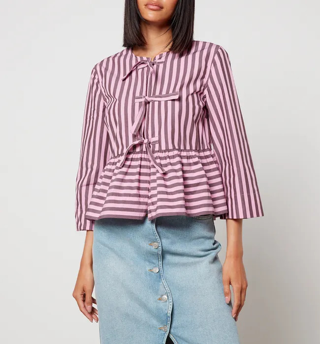 Ganni Stripe Striped Organic Cotton Peplum Blouse | Coggles (Global)