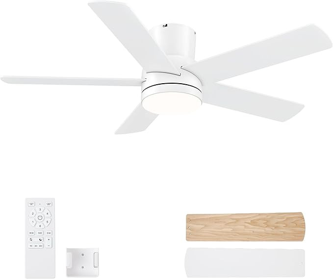 42 Inch White Ceiling Fan with Light, Flush Mount and Remote Control, Dimmable 3-Color Temperatur... | Amazon (US)
