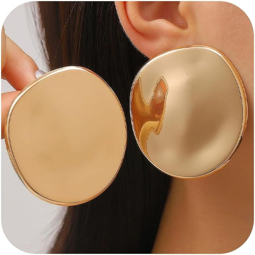 Simple Large Gold Polished Circle Coin Stud Earrings for Women, Statement Big Chunky Silver Exagg... | Amazon (US)