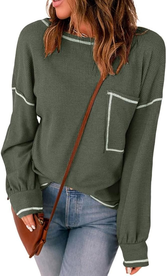 Womens Tops Dressy Casual Long Sleeve Waffle Knit Crewneck T Shirts Blouses Tunics | Amazon (US)