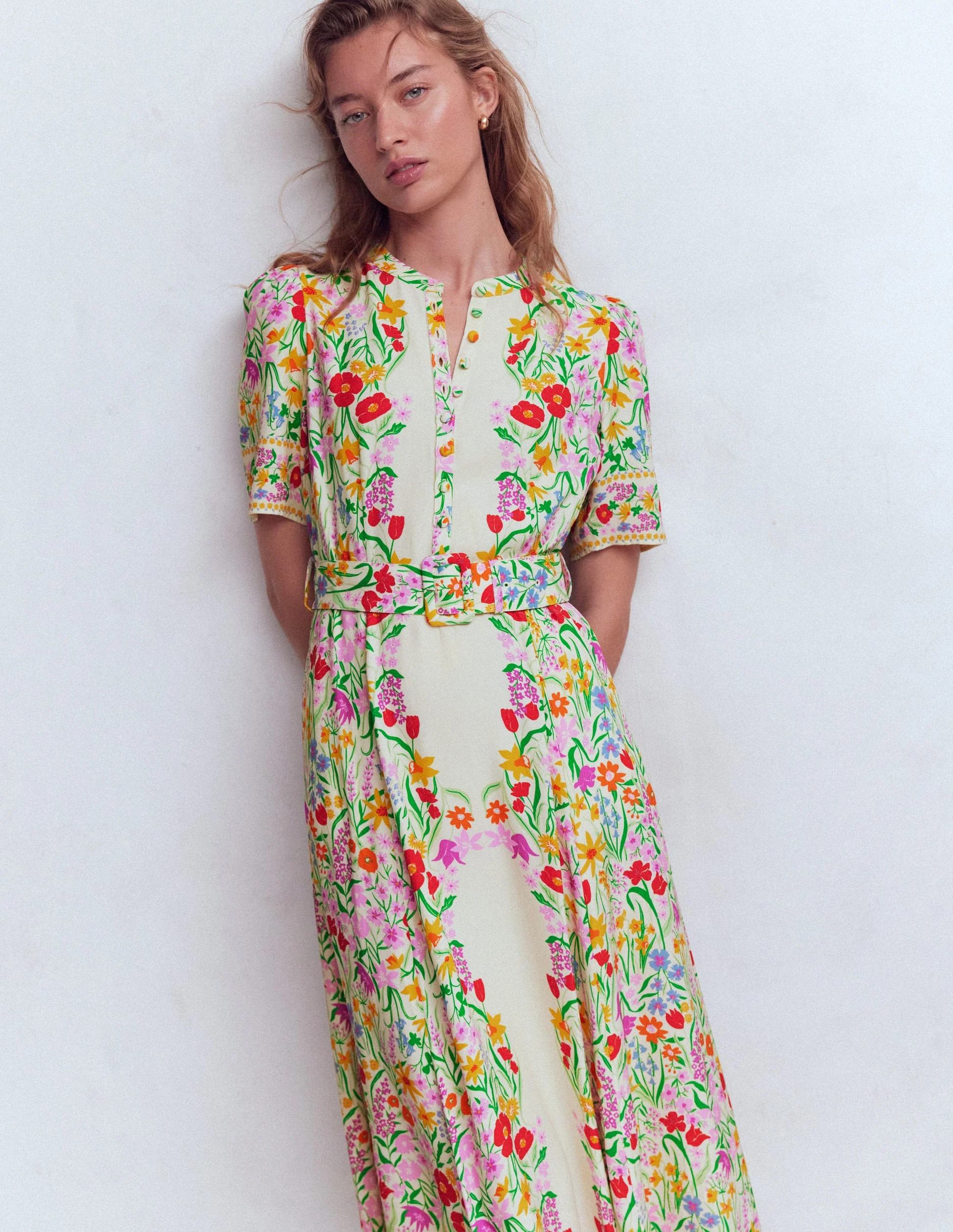 Kate Puff Sleeve Belted Dress-Ivory, Elegant Garden | Boden (US)