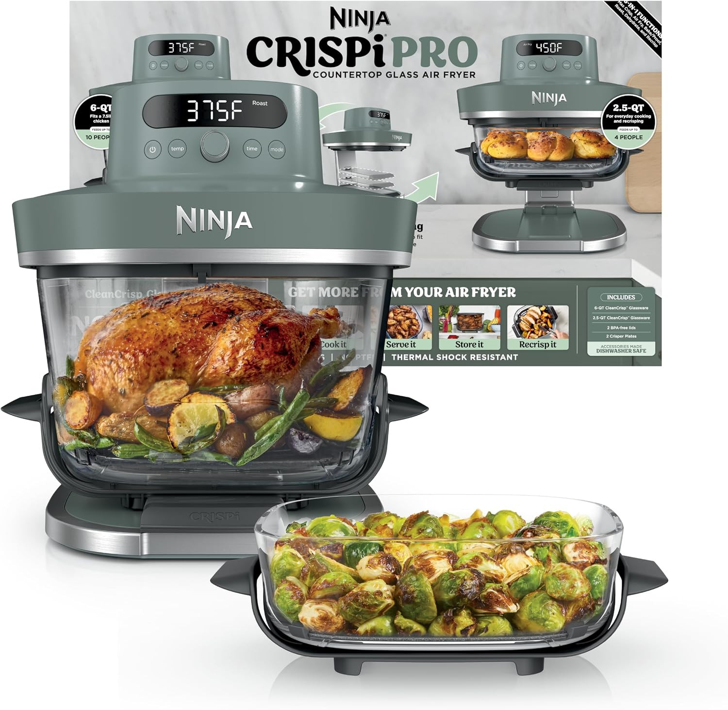Ninja Crispi Pro Glass Air Fryer, 6-in-1, Ash Grey, AS101DG | Amazon (US)