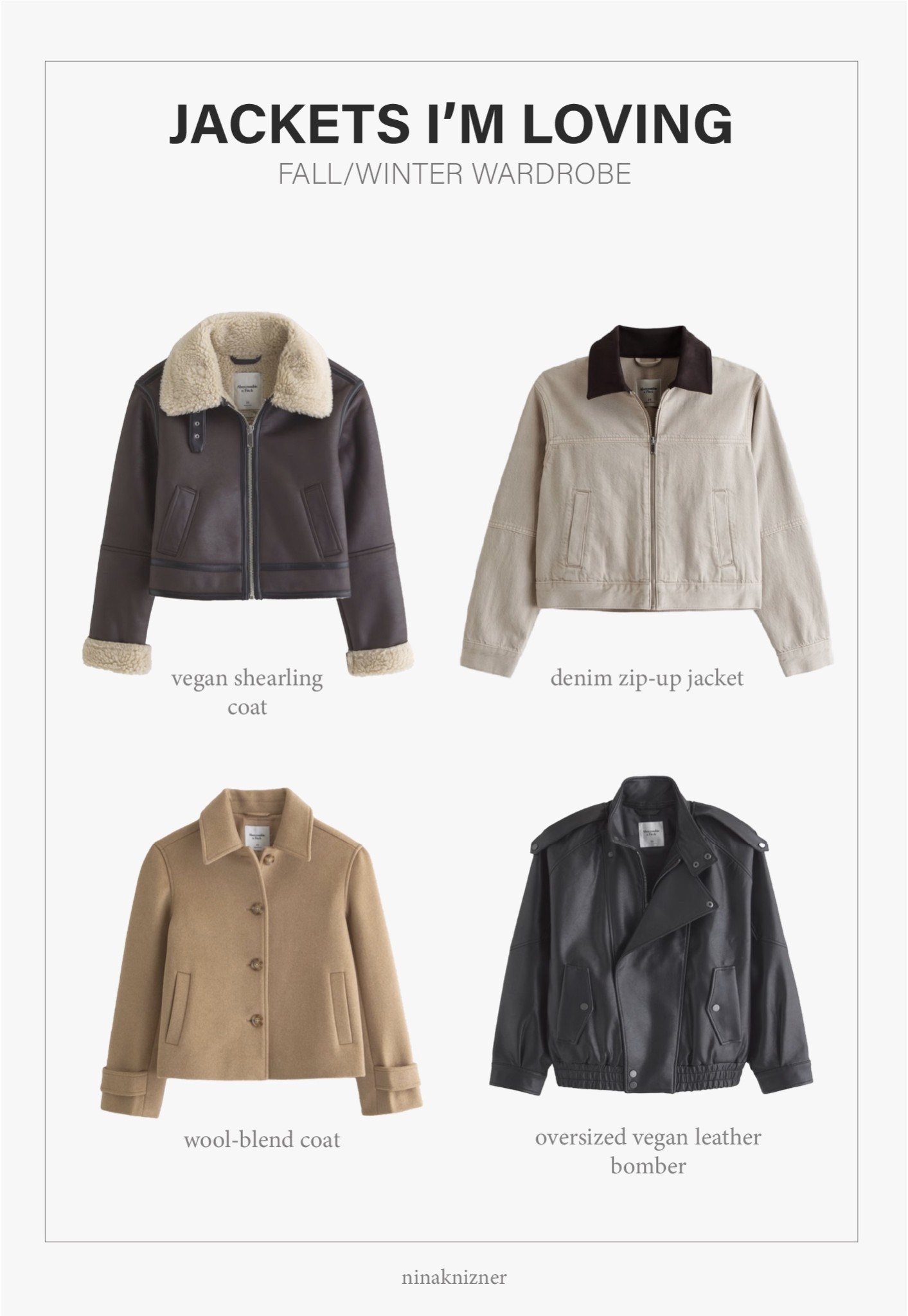 Short fall/winter jackets + coats i’m loving this season..

Cool weather has finally arrived in Northern California and was so excited to wearing my dark brown shearling jacket. Looove it with a combat style or knee high black leather boot! 

Have a few leather jackets, but really wanted an oversized bomber that feels cozier but still has an edge. Love that it can be styled with a dress as it covers the bum area, so it feels more like a coat. 

Already own a few wool coats from Abercrombie but had to get this short camel coat, it’s so elegant and classic. Perfect for a climate that doesn’t get super cold.

- Abercrombie Short Vegan Leather Shearling Coat in dark coffee
- Abercrombie Denim Zip-up Jacket in cloud grey
- Abercrombie Short Wool-Blend Coat in camel
- Abercrombie Relaxed Mockneck
Vegan Leather Bomber Jacket

#jacket #shearling #coat #shearlingcoat #shearlingjacket #leather #leatherjacket #barn #barnjacket #wool #woolcoat #croppedjacket #shortcoat #fall #winter #LTKFall #LTKHoliday #wintercoat #winterjacket #leatherbomber #bomberjacket #blackleatherjacket

#LTKGiftGuide #LTKTravel #LTKSeasonal