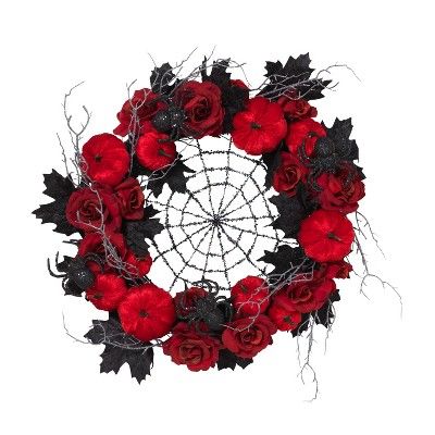 Gerson International 24-Inch Diameter Halloween Spiderweb Wreath with Roses and Pumpkins | Target