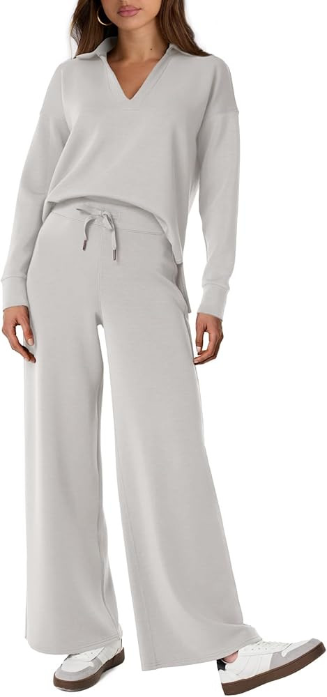 Glamaker Women's 2 Piece Sets Outfits Casual Long Sleeve Sweatsuits Polo Top and Wide Leg Pants M... | Amazon (US)