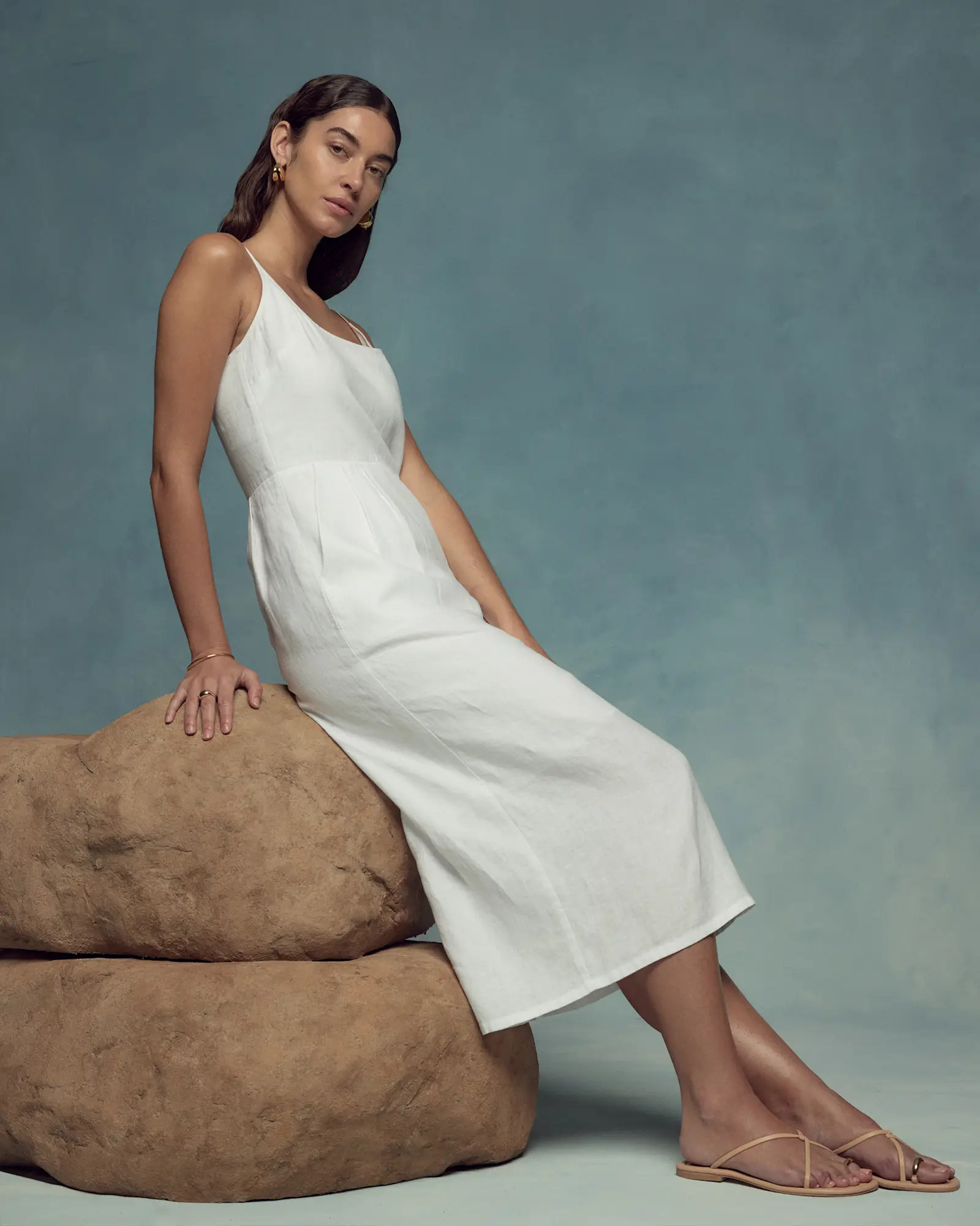 100% European Linen Scoop Neck Midi Dress in White | Quince