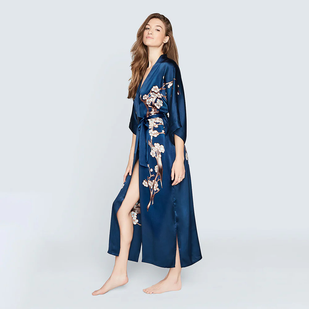 Silk Handpainted Cherry Blossom Long Kimono Robe | KIM+ONO