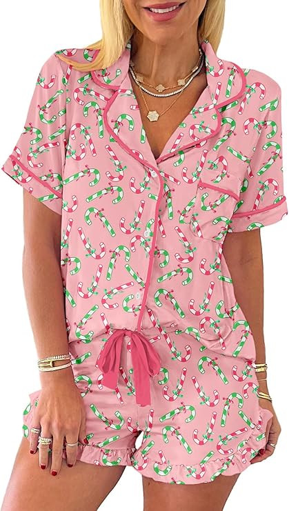 KevaMolly Womens Christmas Lounge Sets Candy Cane Print Pocketed Knotted PJ Set Short Sleeve Xmas... | Amazon (US)