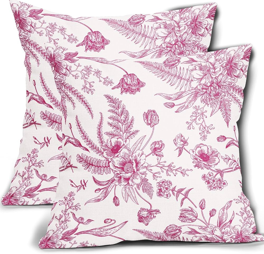 Hot Pink Flowers Pillow Covers 18x18 Inch Set of 2 Pink and White Floral Print Throw Pillowcase C... | Amazon (US)