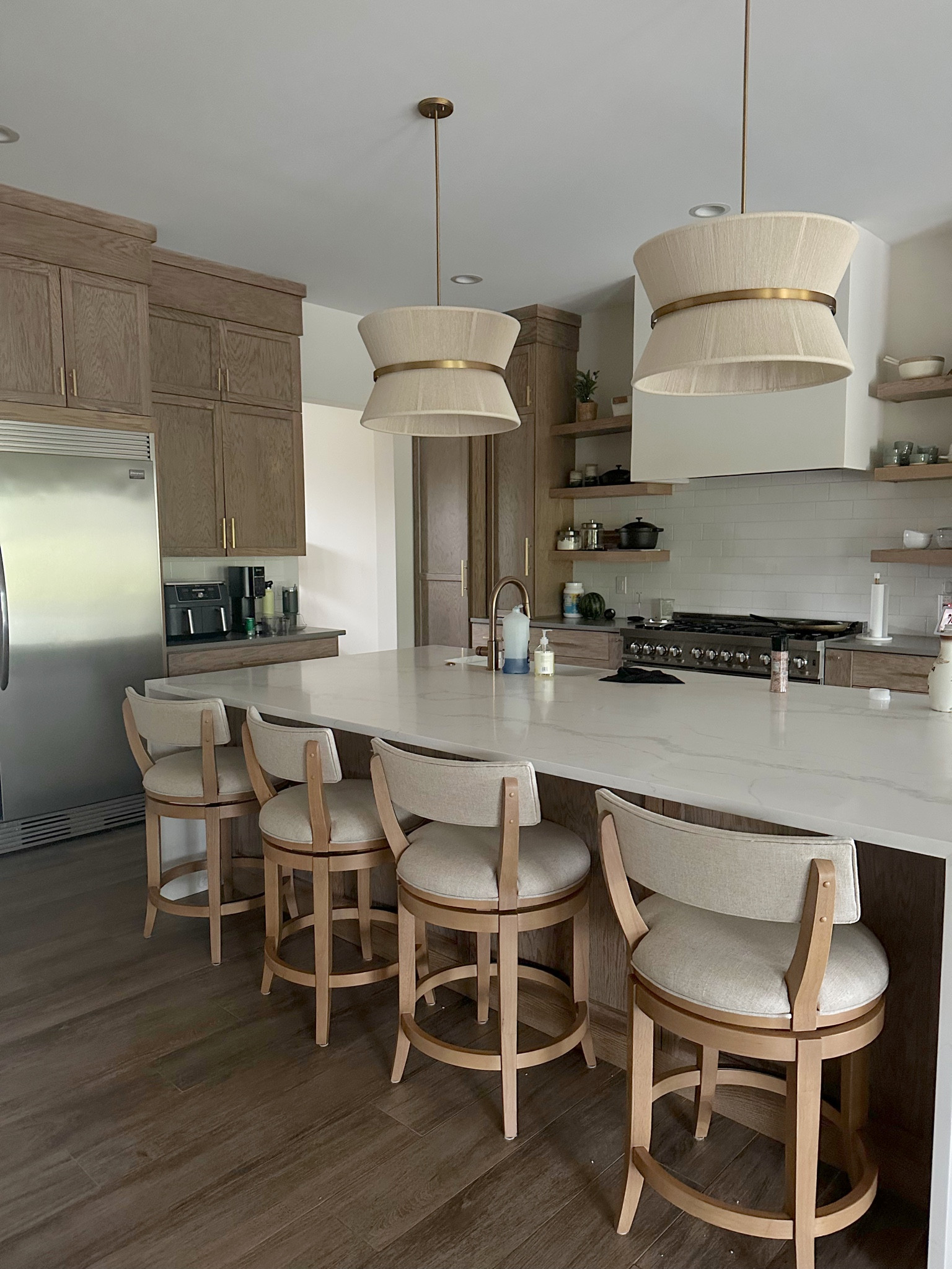 Pendant update. Something lighter, softer with a big statement 💓 these are 24 inches we wound and could easily be used for over a table or room anchor. Our island is 10ft by 5.5ft. Sign up for text emails and use coupon for 20% off!