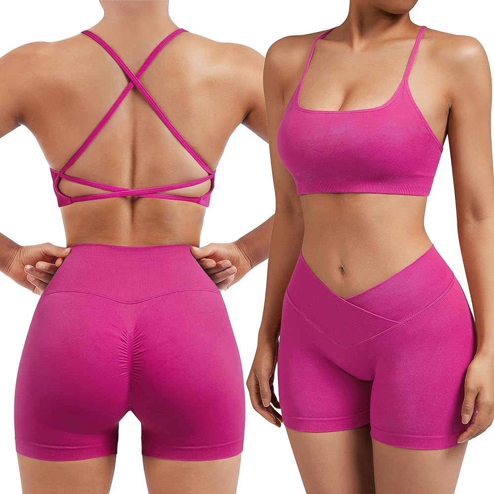 SUUKSESS Women V Cross Workout Sets Strappy Sports Bra High Waist Booty Shorts | Amazon (US)