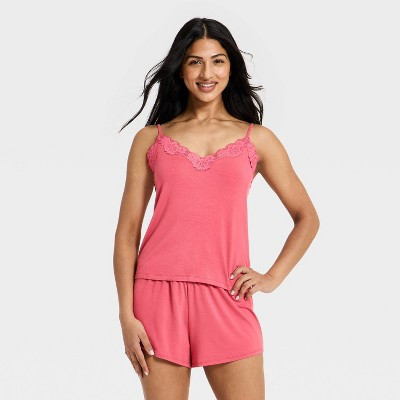 Women's Lace Trim Cloud Knit Tank Top and Shorts Pajama Set - Auden™ Pink M | Target