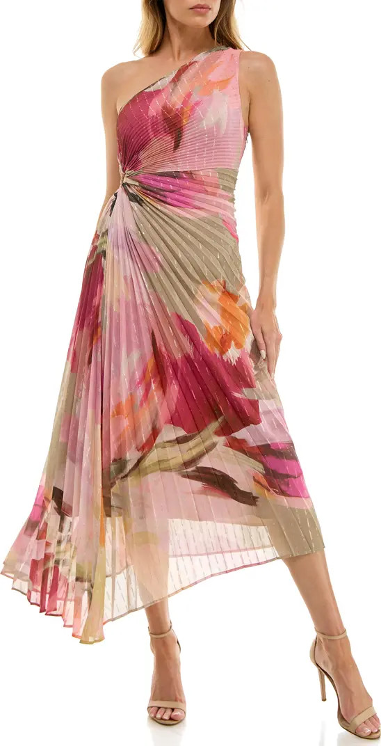 Floral Metallic Stripe One-Shoulder Pleated Dress | Nordstrom
