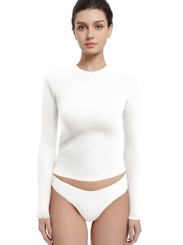 Abonlen Long Sleeve Shirts for Women Crewneck Basic Tees T Shirts Fitted Crop Tops Y2k Going Out Tops (Cream White,Small) | Amazon (US)