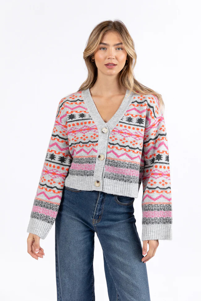 Fair And Square Grey And Pink Fair Isle Cardigan FINAL SALE | Pink Lily