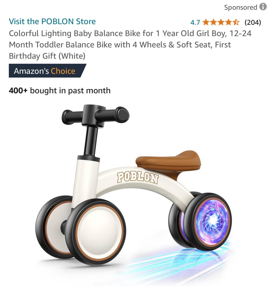 Baby/ toddler/ balance bike/ light up/ 1 year old/ 4 wheels/ soft/ gifts for baby/ gifts for toddler/ him/ her/ amazon/ deals/ Christmas/ birthdayy

#LTKGiftGuide #LTKBaby #LTKHoliday