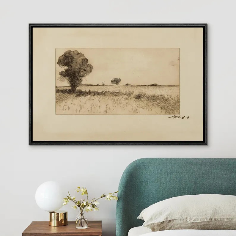 Minimalist Landscape Line Art, Framed Vintage Field Sketch With Trees Canvas Print, Sepia Ink Dra... | Etsy (US)