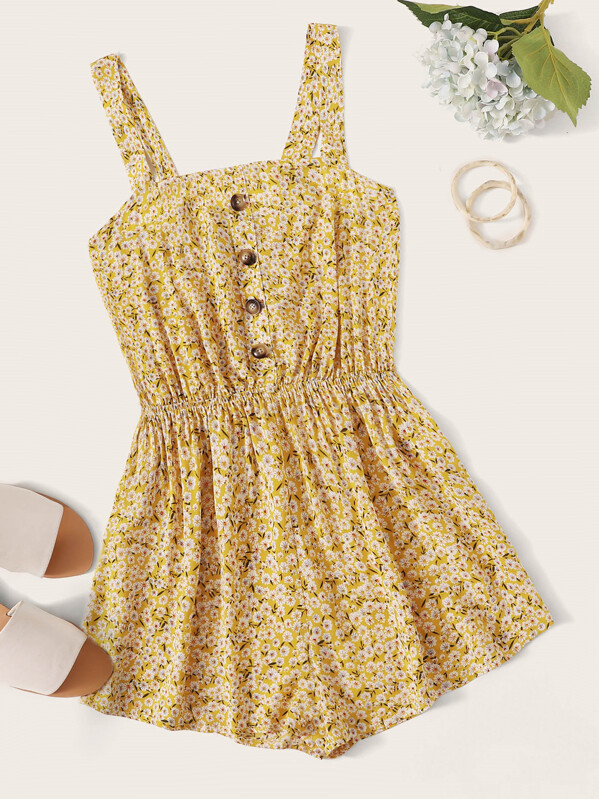 SHEIN Buttoned Front Ditsy Floral Tank Romper | SHEIN