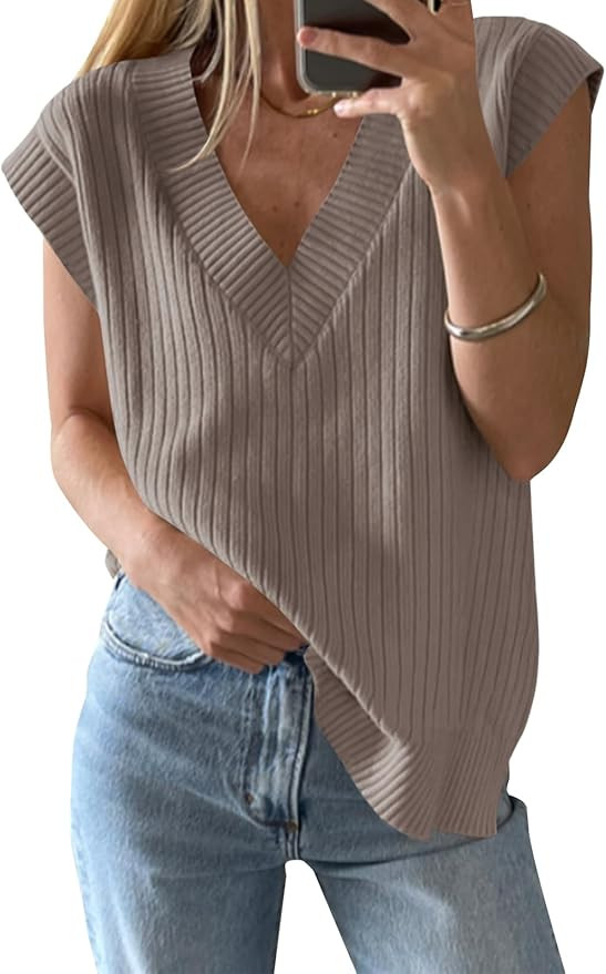 Saodimallsu Womens V Neck Sweater Vest Oversized Ribbed Knit Sleeveless Casual Loose Fit Pullover... | Amazon (US)