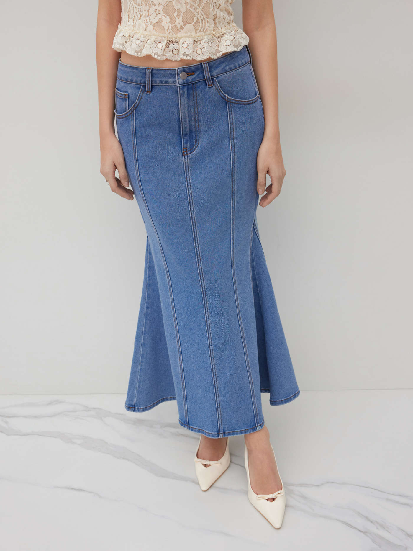 Denim High Stretch Cider Denim Mid Rise Mermaid Maxi Skirt For Daily Casual | Cider