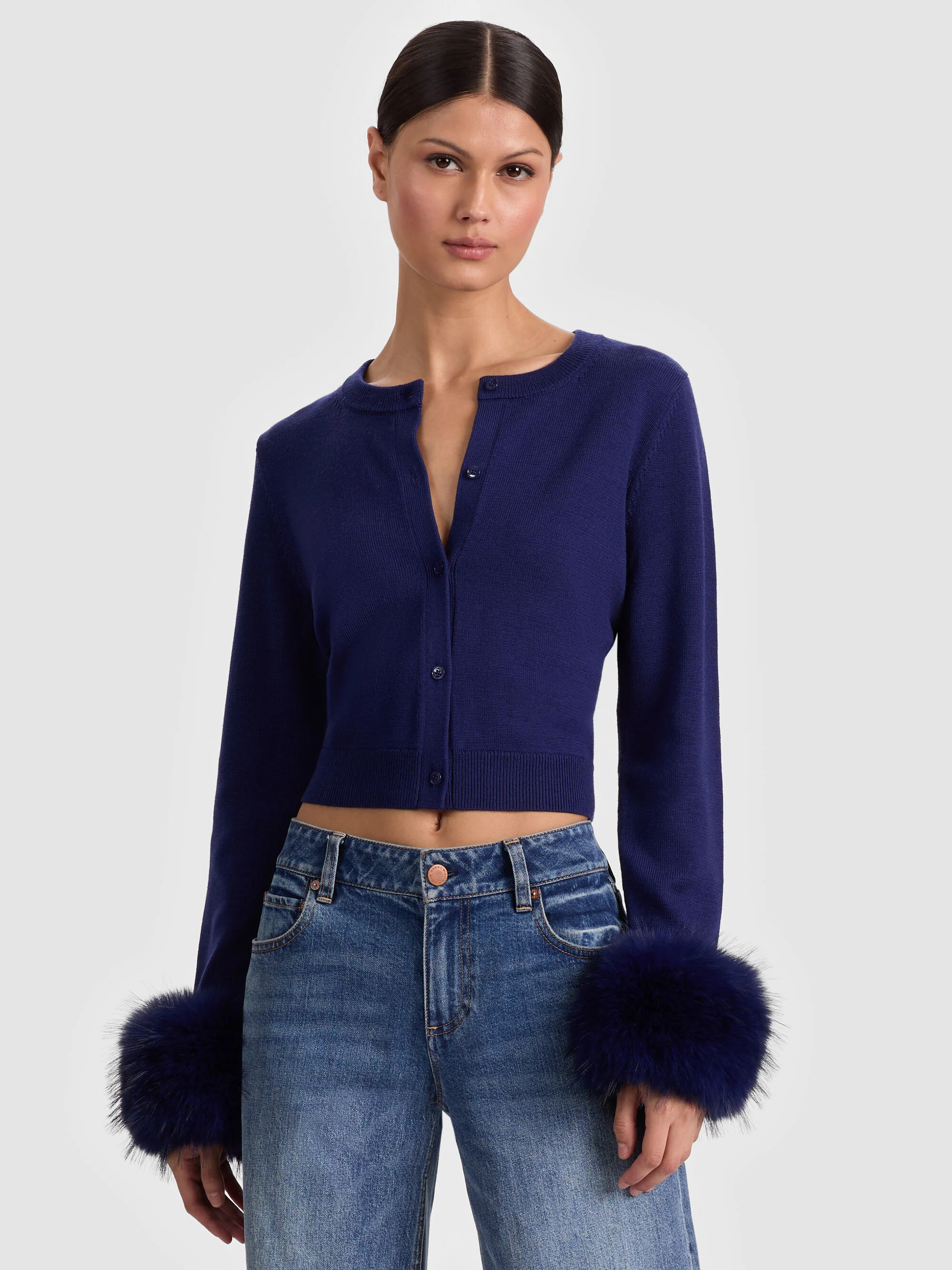 DOLLIE FAUX FUR CUFF CARDIGAN | Alice + Olivia