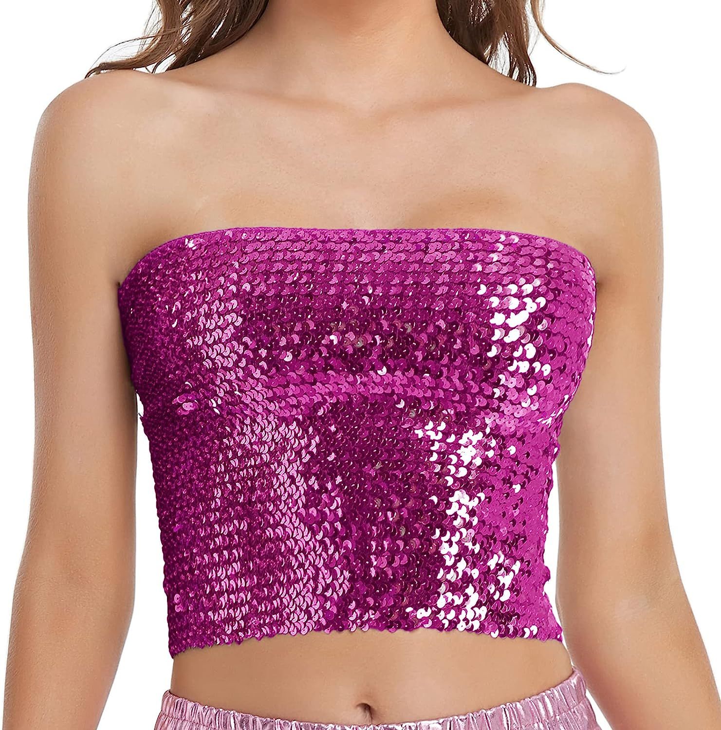 Womens Sparkly Sequin Mermaid Crop Tops, Strapless Metallic Tube Tops for Party Clubwear | Amazon (US)