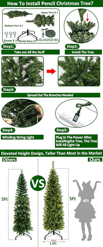 5 Ft Pencil Artificial Christmas Tree with 550 Branch Tips, Spruce Green,180 LED Warm White Light... | Amazon (US)