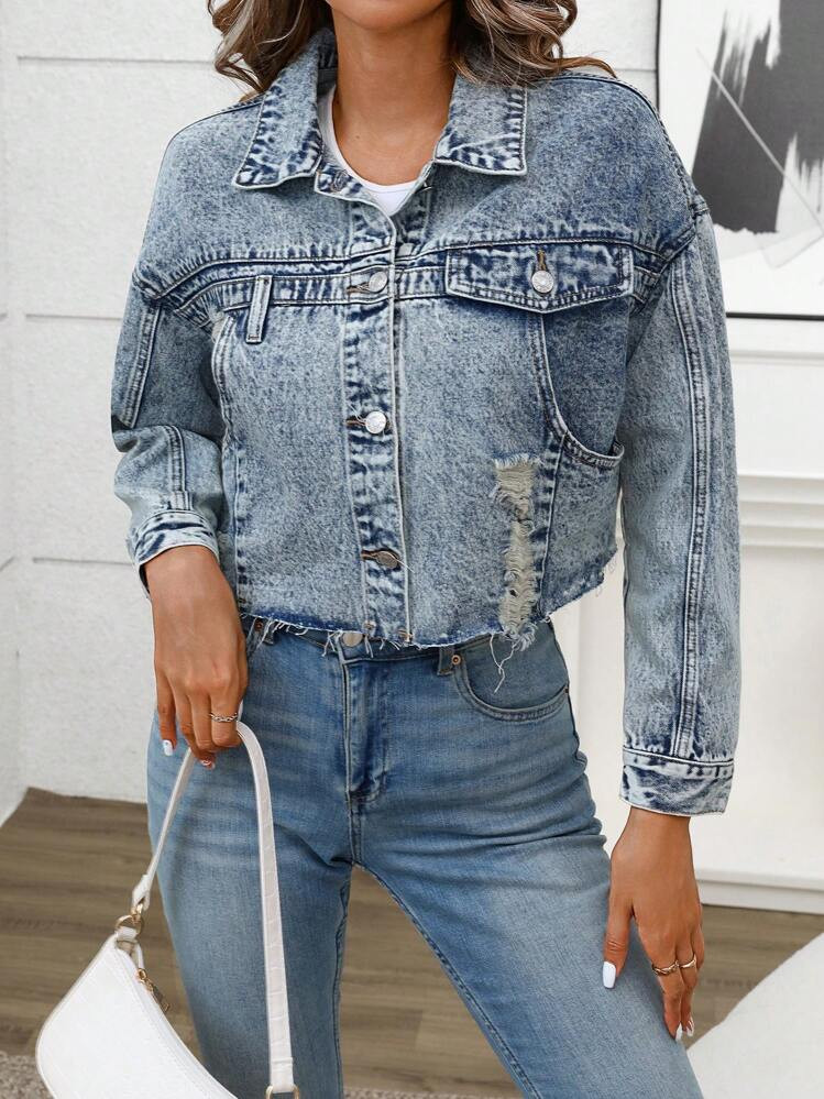 SHEIN Essnce Casual Washed Distressed Denim Jacket, Spring/Autumn | SHEIN