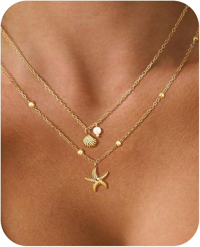 Shell Necklace for Women,14k Gold Plated Layered Starfish Conch SeaShell Pearl Pendant Charm Neck... | Amazon (US)