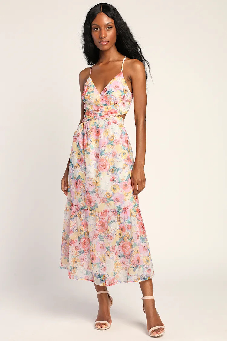 Flower Fields Pink Multi Floral Print Lace-Up Midi Dress | Lulus (US)