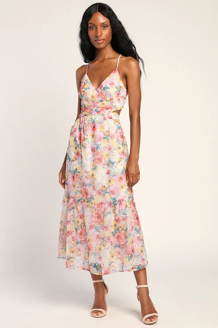 Flower Fields Pink Multi Floral Print Lace-Up Midi Dress | Lulus (US)