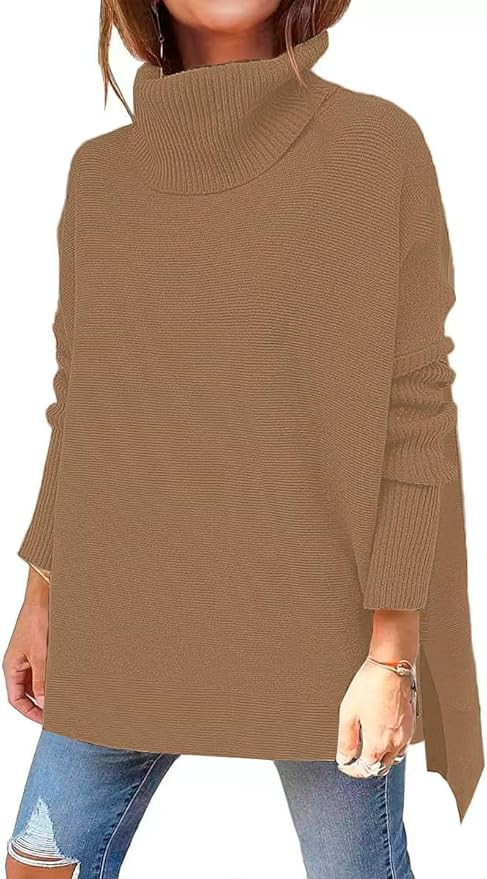 Women's Turtleneck Oversized Sweaters Long Sleeve Split Hem Striped Knit Pullover Tops | Amazon (US)